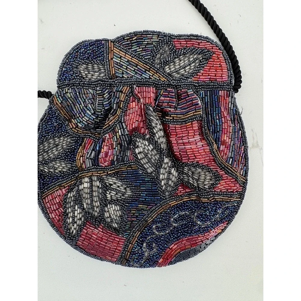Jeromes Beaded‎ Purse Evening Bag Navy Red Floral Vintage